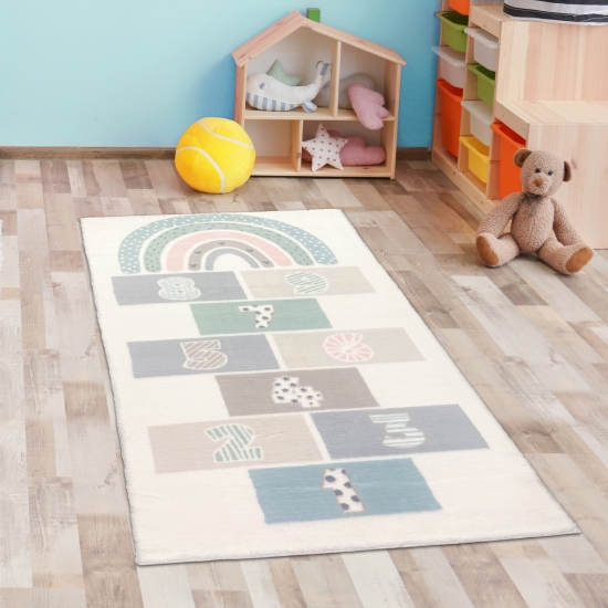 Kinderzimmer-Teppich pflegeleicht Hüpfkästchen weich in creme