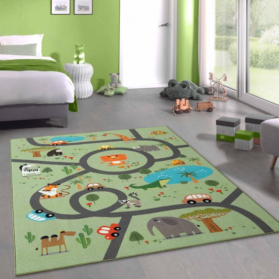 Kinderteppich Safari / Straße Spielteppich waschbar grün