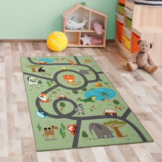 Kinderteppich Safari / Straße Spielteppich waschbar grün