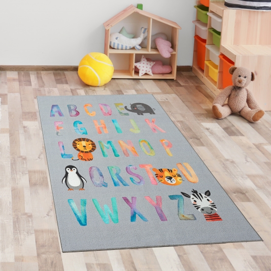 ABC-Lernteppich für Kinder • bunte Tiermotive • in grau