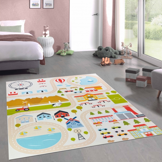 Kinderteppich pflegeleicht rutschfest mit Stadt Motiv in Beige
