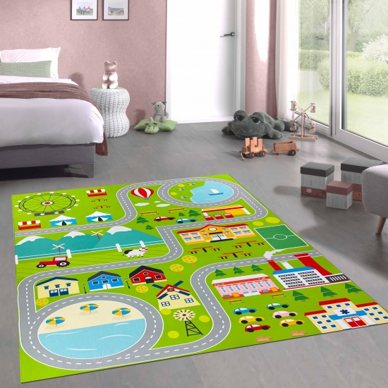 Rutschfester Kinderteppich strapazierfähig mit Stadt Motiv in Grün
