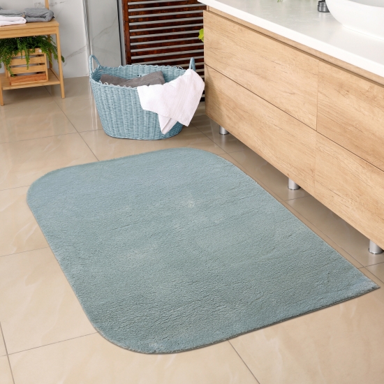 Badezimmer Teppich mit abgerundeten Ecken | waschbar | in blau