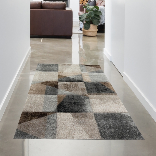 Abstrakter Teppich Flur Wohnzimmer modernes Karomuster in grau beige braun schwarz