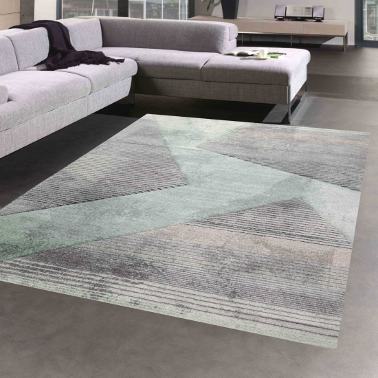 Abstrakter Teppich Wohnzimmer modernes gestreiftes Muster rosa grün grau - pflegeleicht
