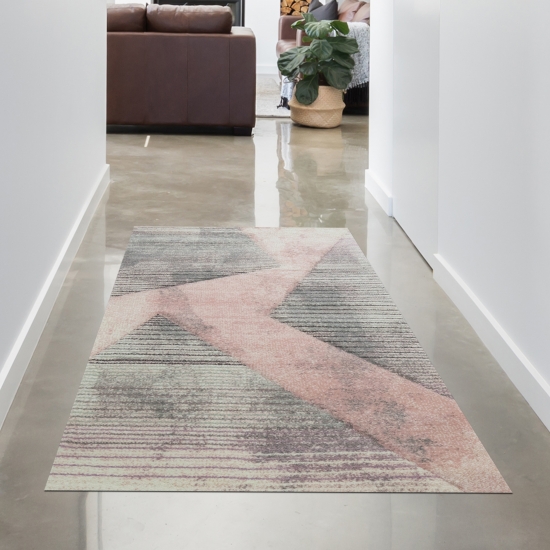 Abstrakter Teppich Wohnzimmer modernes gestreiftes Muster grün rosa grau - pflegeleicht