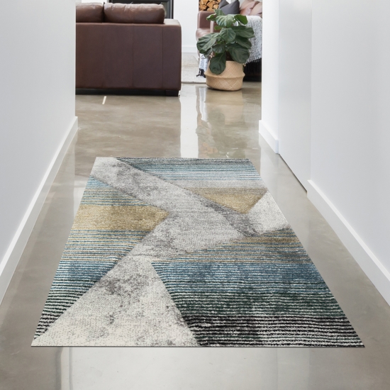Preview: Abstrakter Teppich Wohnzimmer modernes gestreiftes Muster gold blau grau - pflegeleicht