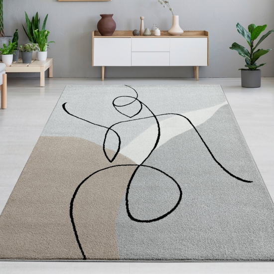 Moderne Eleganz: Designer-Teppich in Pastell-Grau, Braun und Weiß mit Abstrakter Silhouette in Schwarz