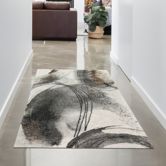 Abstrakter Wohnzimmer Teppich mit Kreisformen in creme grau
