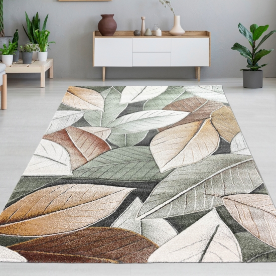 Teppich mit Blättermuster in Grün Beige und Creme für Wohnzimmer Esszimmer oder Schlafzimmer
