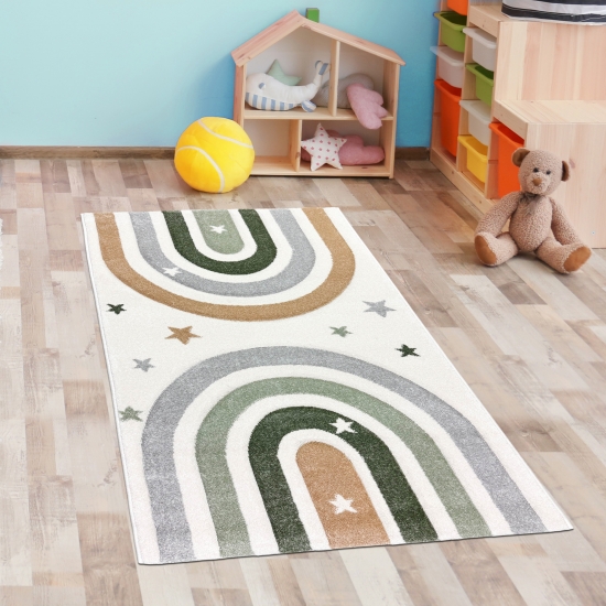 Preview: Moderner Teppich Pastellfarben weich pflegeleicht mit Regenbogendesign in Creme
