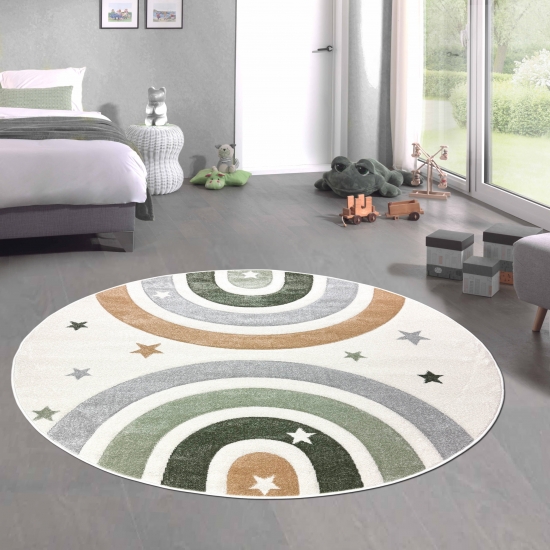 Preview: Moderner Teppich Pastellfarben weich pflegeleicht mit Regenbogendesign in Creme