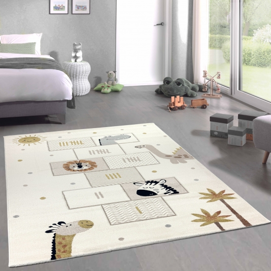 Kinderteppich mit Hüpfspiel und Tiermotiven Weich, Pflegeleicht & Spielerisch Lernen in creme