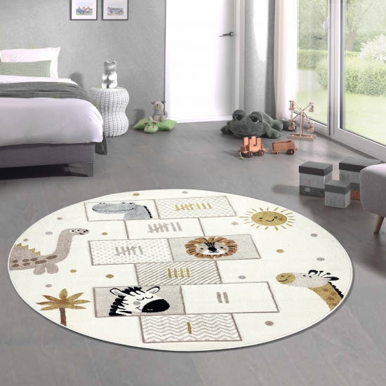 Preview: Kinderteppich mit Hüpfspiel und Tiermotiven Weich, Pflegeleicht & Spielerisch Lernen in creme