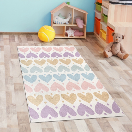 Preview: Kinderzimmerteppich mit Pastell-Herzen – gemütlich & pflegeleicht Preview: Kinderzimmerteppich mit Pastell-Herzen – gemütlich & pflegeleicht