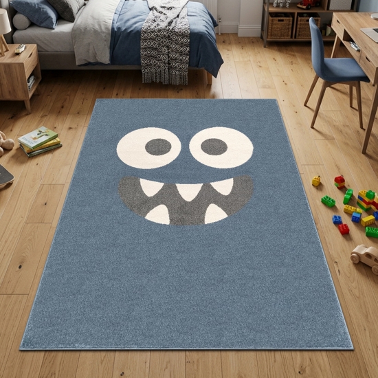 Design Kinderteppich Blau Monster Look