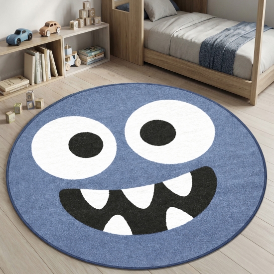 Design Kinderteppich Rund Blau Monster Look