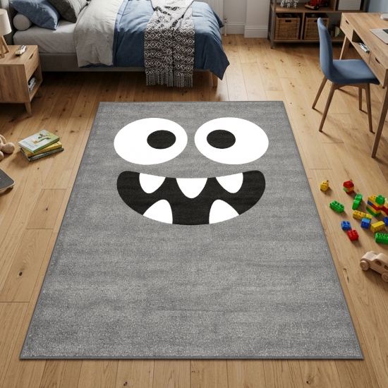 Design Kinderteppich Rund Grau Monster Look