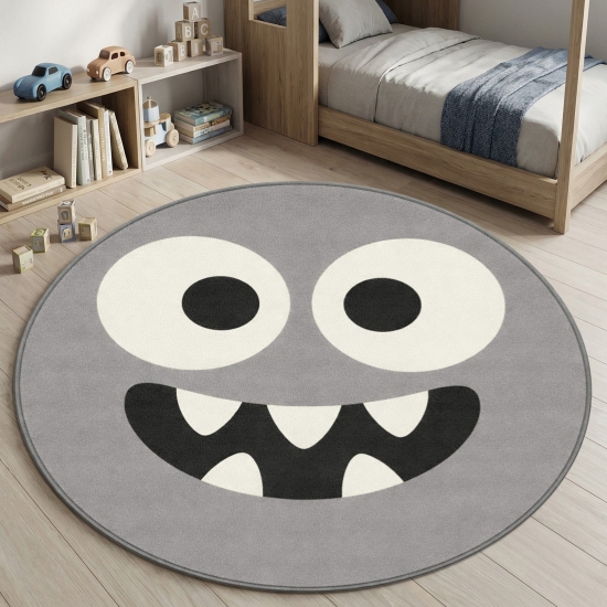 Preview: Design Kinderteppich Rund Grau Monster Look
