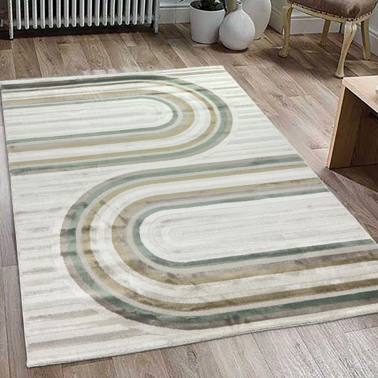 Eleganter Kurzflorteppich Creme Beige Grün Braun Muster Glanzeffekt strapazierfähig pflegeleicht Wohnzimmer Esszimmer Schlafzimmer