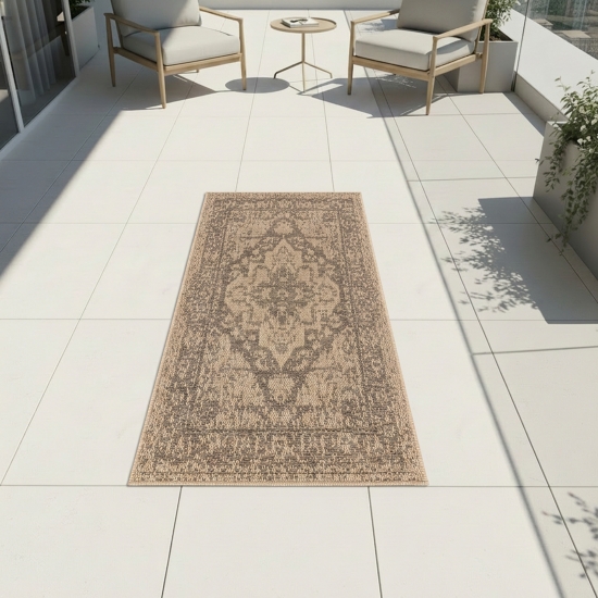 Preview: Beiger Teppich für Innen und Außen mit Ornamenten und Flachstruktur