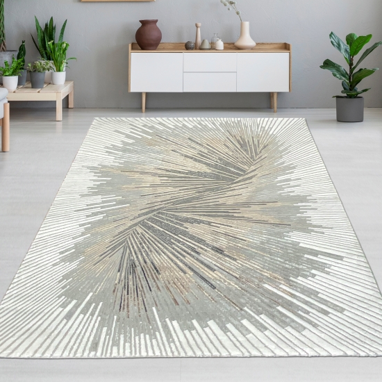 Ein Teppich mit abstraktem Muster und strahlenden Silber-Bronze Glanzfasern