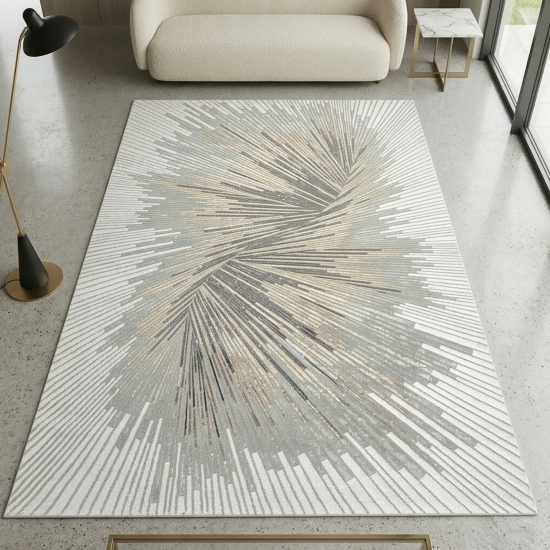 Ein Teppich mit abstraktem Muster und strahlenden Silber-Bronze Glanzfasern