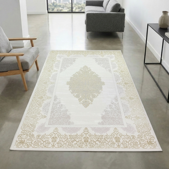 Preview: Teppich mit orientalischem Flair | luxuriös | weiß gold grau