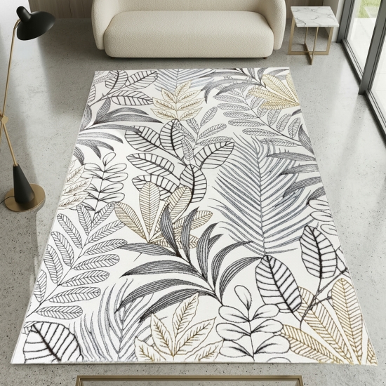 Kurzflorteppich Creme Blätterdesign mit Glanzoptik modern strapazierfähig für Wohnzimmer und Schlafzimmer