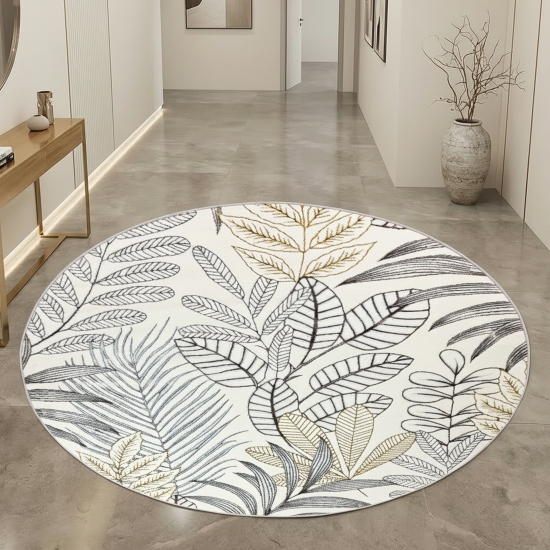 Preview: Kurzflorteppich Creme Blätterdesign mit Glanzoptik modern strapazierfähig für Wohnzimmer und Schlafzimmer
