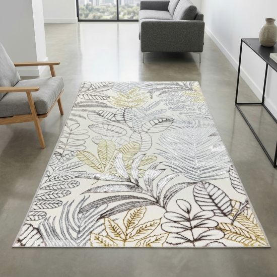 Preview: Kurzflorteppich Creme Blätterdesign mit Glanzoptik modern strapazierfähig für Wohnzimmer und Schlafzimmer