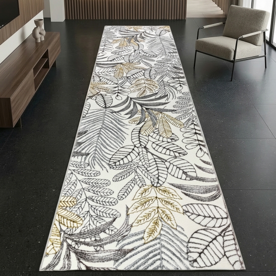 Preview: Kurzflorteppich Creme Blätterdesign mit Glanzoptik modern strapazierfähig für Wohnzimmer und Schlafzimmer