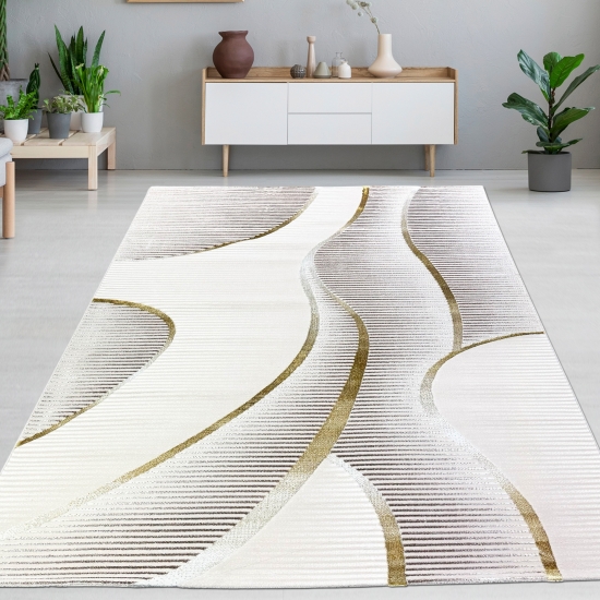 Eleganter Wohnzimmerteppich modern und stillvoll mit 3D-Wellenoptik in Creme