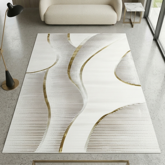 Kurzflorteppich Creme geschwungene Linien modern mit Glanzeffekt für Wohnzimmer und Schlafzimmer