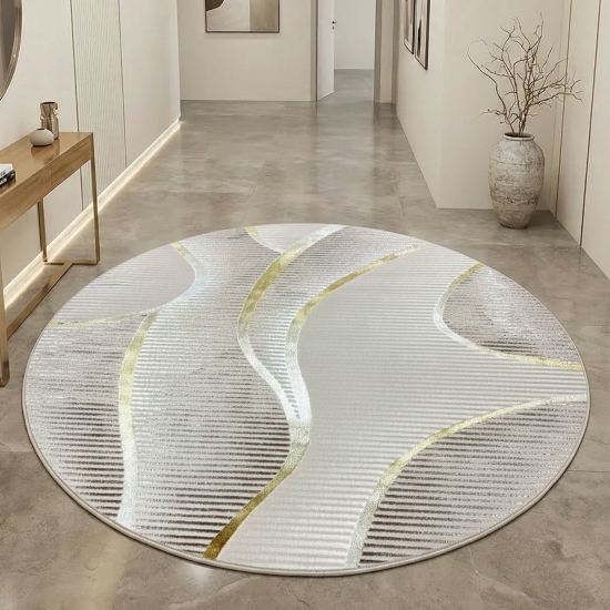 Preview: Kurzflorteppich Creme geschwungene Linien modern mit Glanzeffekt für Wohnzimmer und Schlafzimmer