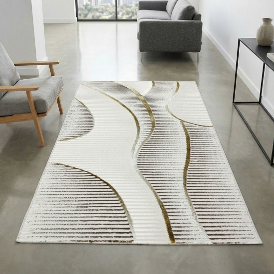 Preview: Kurzflorteppich Creme geschwungene Linien modern mit Glanzeffekt für Wohnzimmer und Schlafzimmer