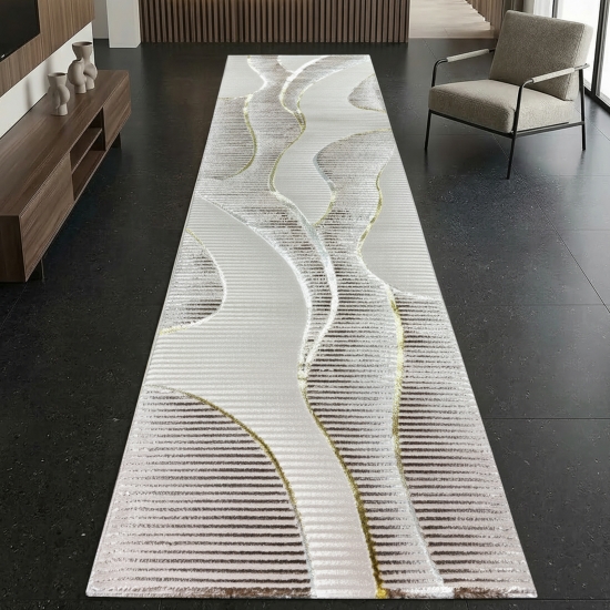 Preview: Kurzflorteppich Creme geschwungene Linien modern mit Glanzeffekt für Wohnzimmer und Schlafzimmer