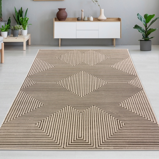 Moderner Wohnzimmerteppich im geometrischen Design in Braun