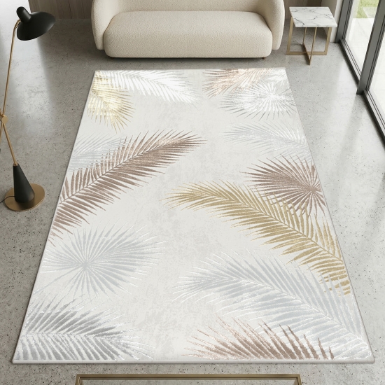 Moderner Creme Teppich mit Palmblattmuster und Glanzoptik