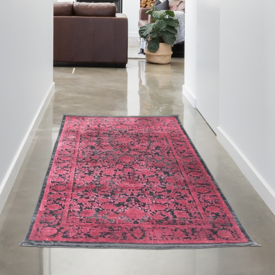 Orientalischer Teppich Wohnzimmer mit Blumenmotiv in schwarz rot