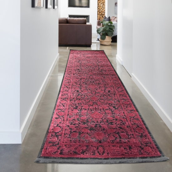 Orientalischer Teppich Wohnzimmer mit Blumenmotiv in schwarz rot