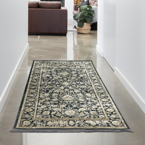 Orientalischer Teppich Wohnzimmer mit Blumenmotiv in schwarz beige