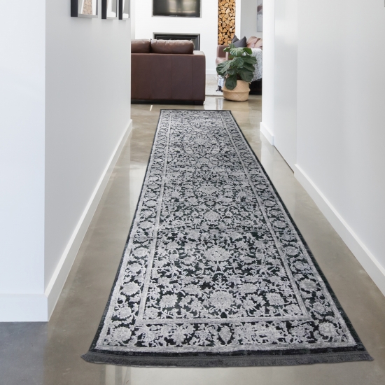 Orientalischer Teppich Wohnzimmer mit Blumenmotiv in schwarz grau