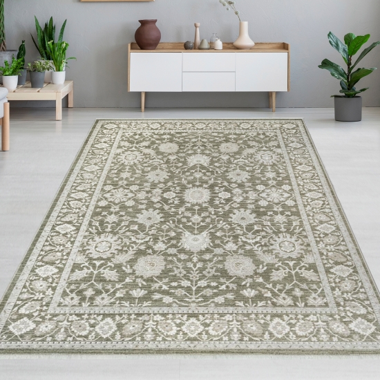 Designer Teppich Grün Beige Vintage floral modern stilvoll
