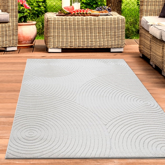 Teppich Outdoor wetterfest mit Kreismuster – flach gewebt in Creme