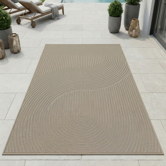 Teppich Outdoor grafisches Linienmuster wetterfest Terrasse Balkon Beige