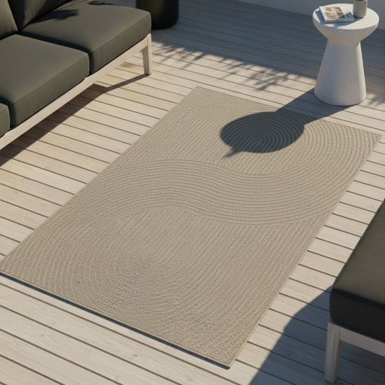 Preview: Teppich Outdoor grafisches Linienmuster wetterfest Terrasse Balkon Beige