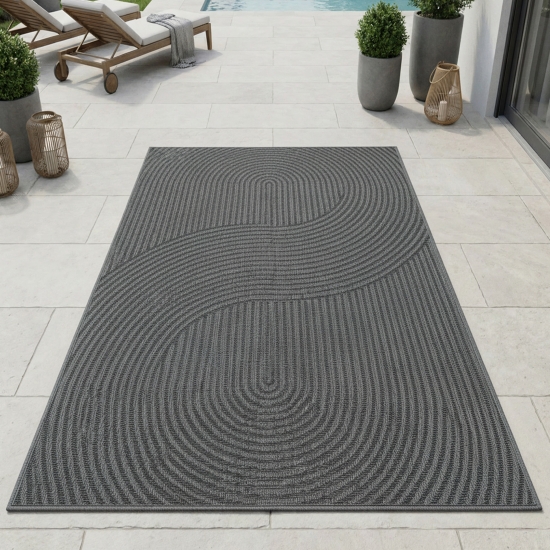 Teppich Outdoor grafisches Wellenlinien Design wetterfest Terrasse Balkon Anthrazit