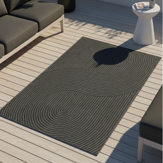 Preview: Teppich Outdoor grafisches Wellenlinien Design wetterfest Terrasse Balkon Anthrazit