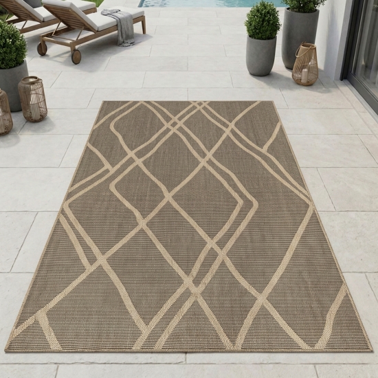 Teppich Outdoor grafisches Linien Design wetterfest Terrasse Balkon Braun Beige